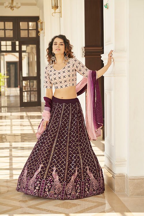Purple Georgette Thread With Sequince Embroidered Lehenga Choli ClothsVilla.com