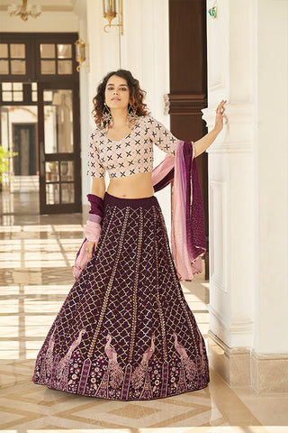 Purple Georgette Thread With Sequince Embroidered Lehenga Choli ClothsVilla.com