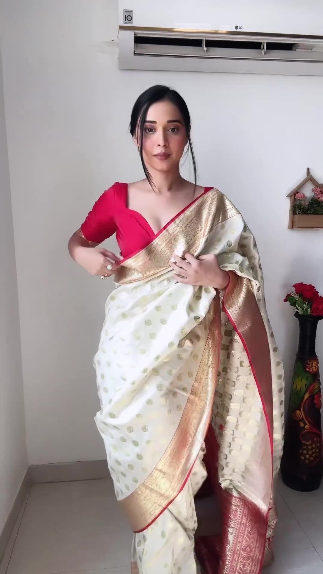 Trendy 1-Minute Ready To Wear Beige Soft Silk Saree RTW Main image