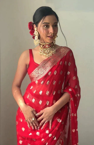 Divine 1-Minute Ready To Wear Red Cotton Silk Saree RTW