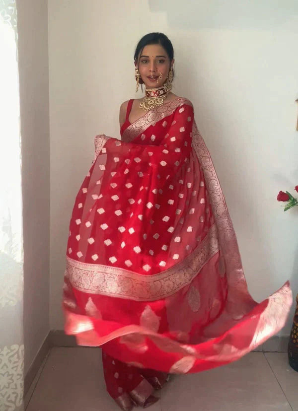 Divine 1-Minute Ready To Wear Red Cotton Silk Saree RTW