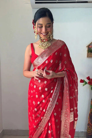 Divine 1-Minute Ready To Wear Red Cotton Silk Saree RTW