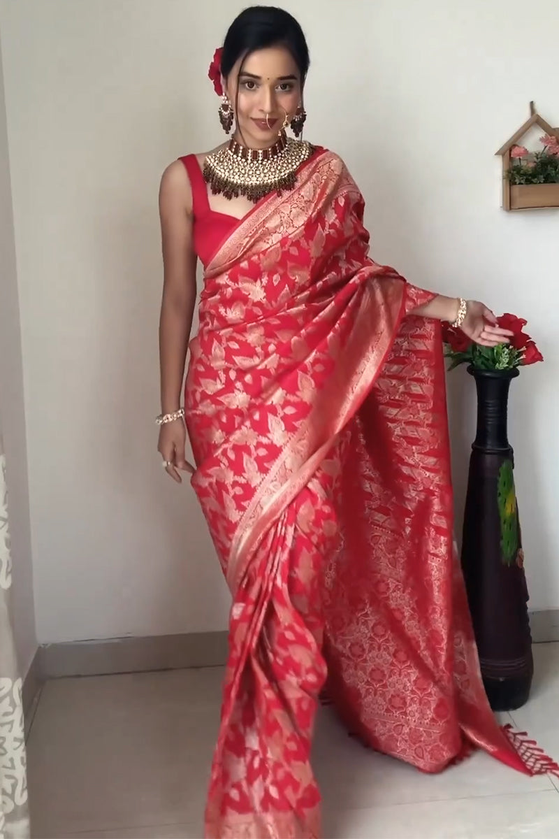 Classic 1-Minute Ready To Wear Red Soft Silk Saree RTW