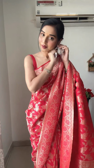 Classic 1-Minute Ready To Wear Red Soft Silk Saree RTW