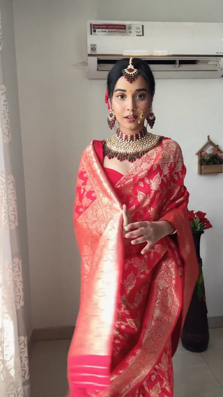 Classic 1-Minute Ready To Wear Red Soft Silk Saree RTW