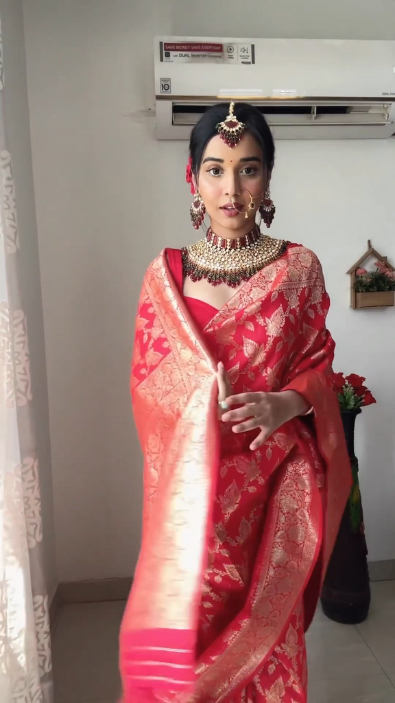Premium Vichitra silk Ready To Wear Red Saree – Prititrendz