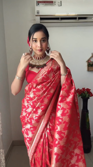 Classic 1-Minute Ready To Wear Red Soft Silk Saree RTW