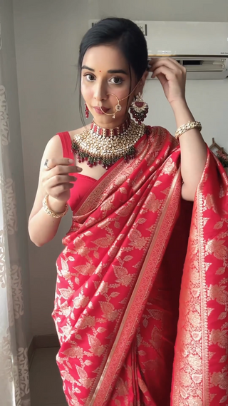 Classic 1-Minute Ready To Wear Red Soft Silk Saree RTW