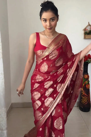 Delightful  1-Minute Ready To Wear Red Cotton Silk Saree RTW