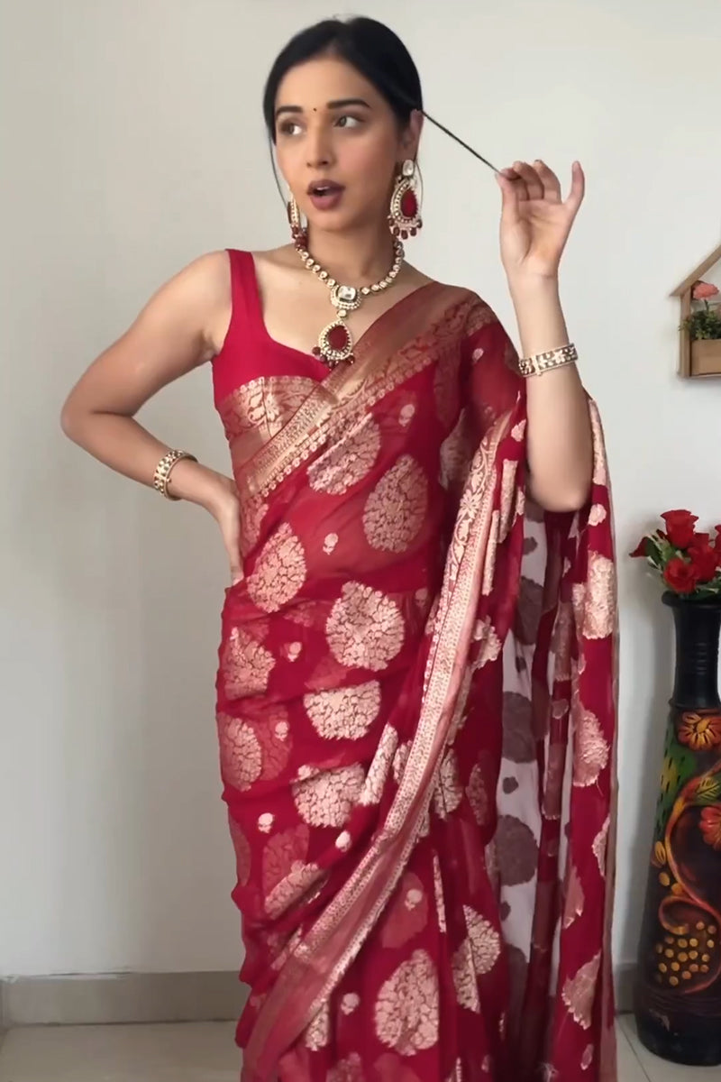 Delightful  1-Minute Ready To Wear Red Cotton Silk Saree RTW