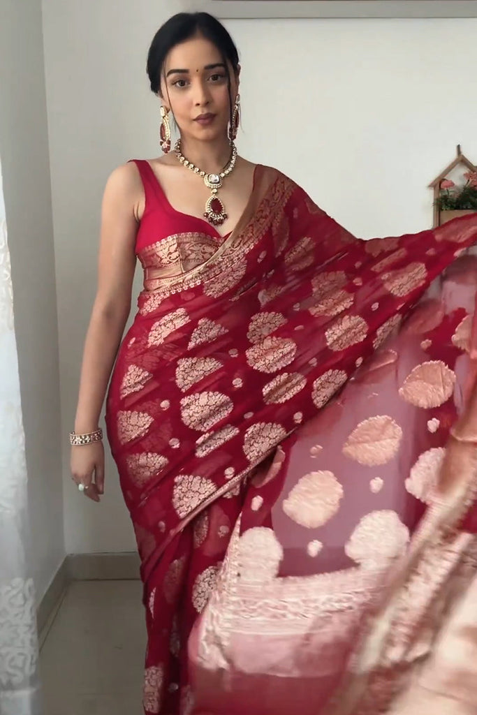 Delightful  1-Minute Ready To Wear Red Cotton Silk Saree RTW