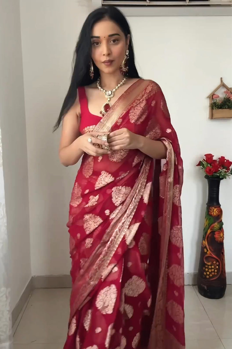 Delightful  1-Minute Ready To Wear Red Cotton Silk Saree RTW