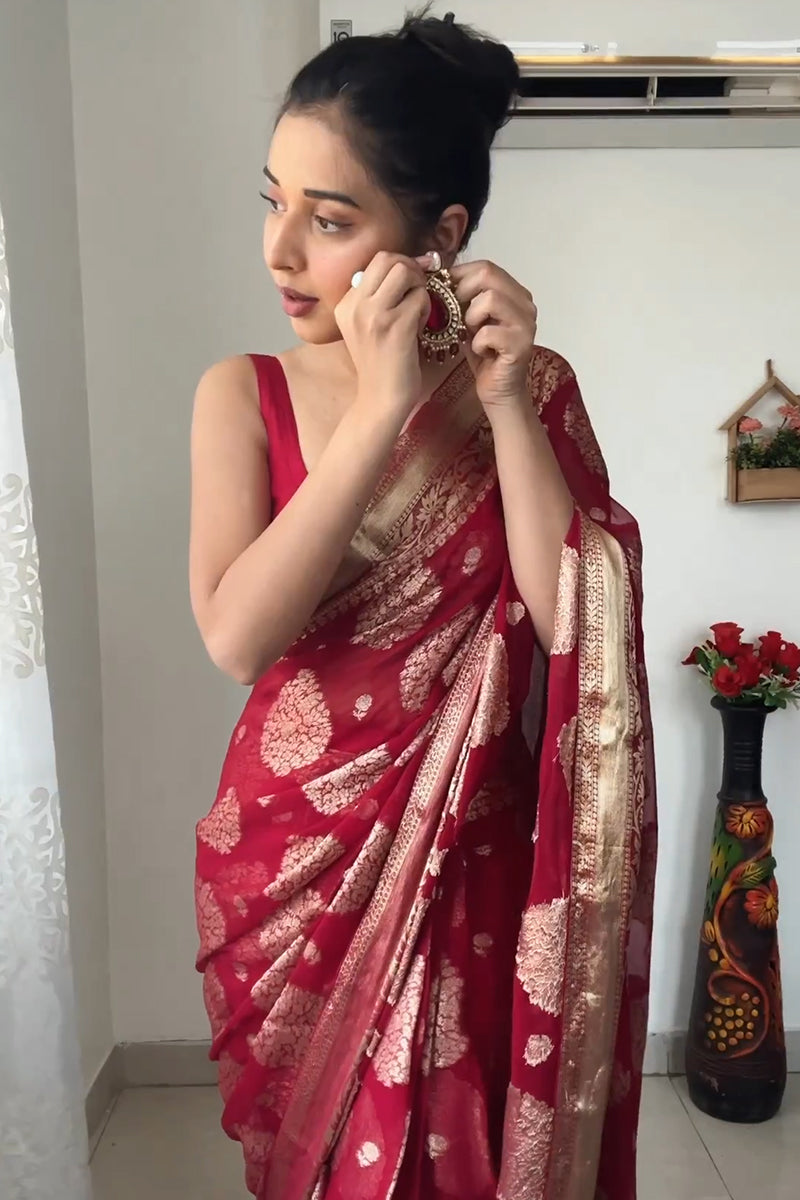 Delightful  1-Minute Ready To Wear Red Cotton Silk Saree RTW