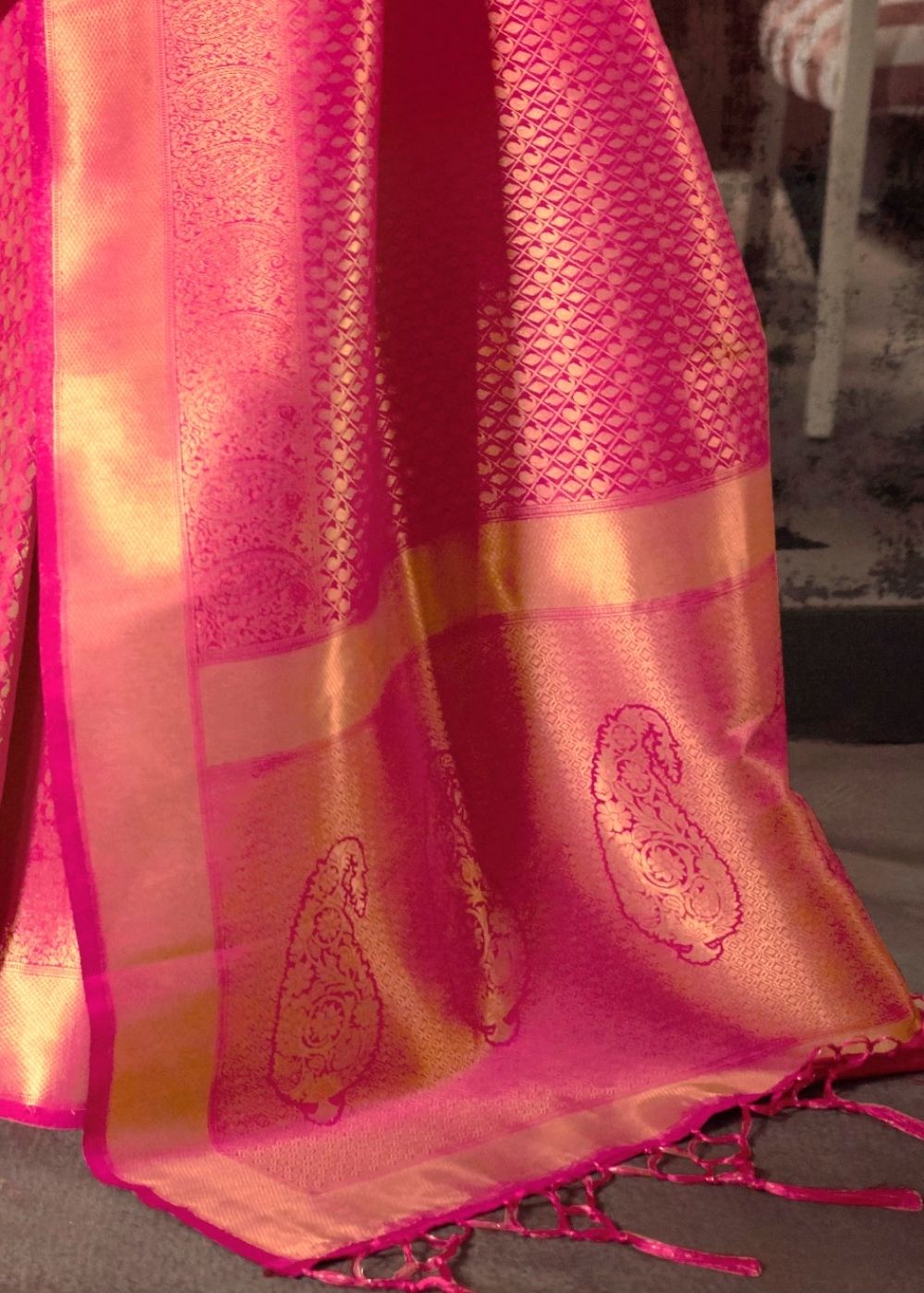 Hot Pink and Golden Blend Kanjivaram Soft Woven Silk Saree Clothsvilla