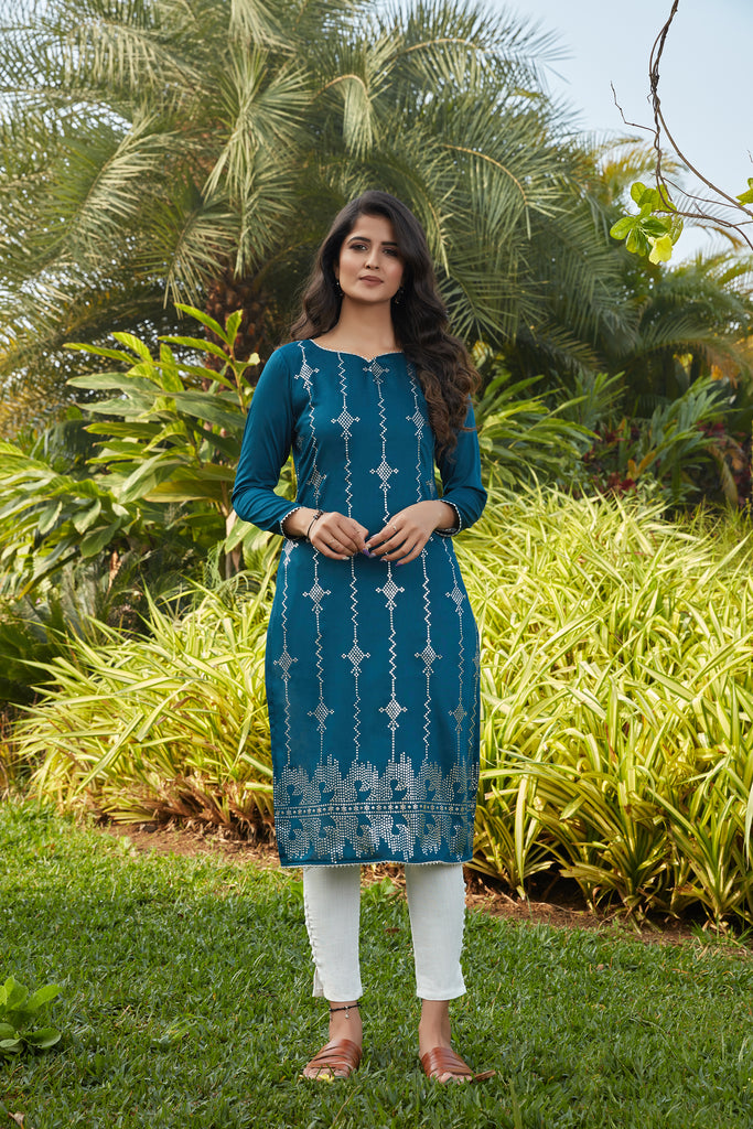 Cyan Color Cotton Luminous Readymade Kurti | A line kurti, Online dress  shopping, Indian dresses online