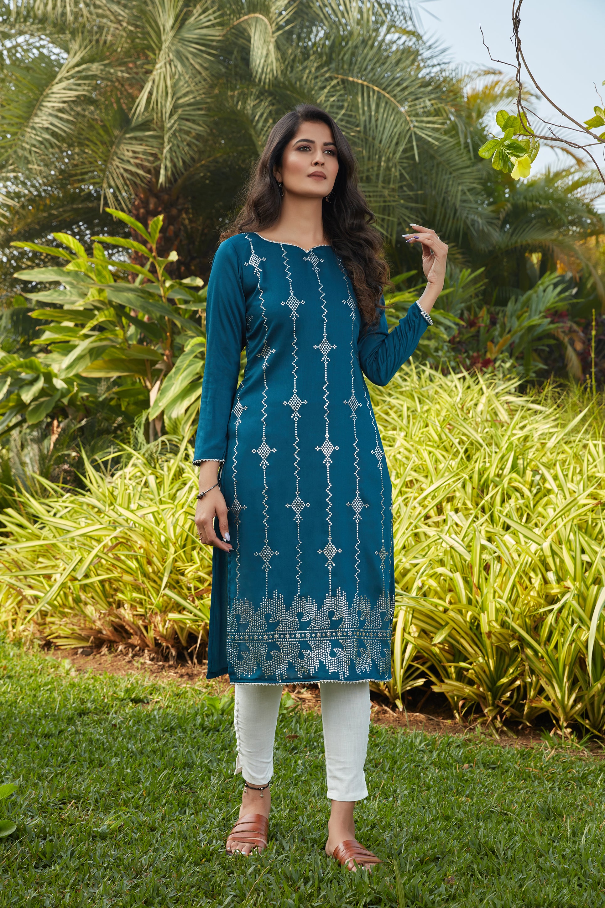 Rama Green Mukaish Worked Cotton Readymade Kurti ClothsVilla