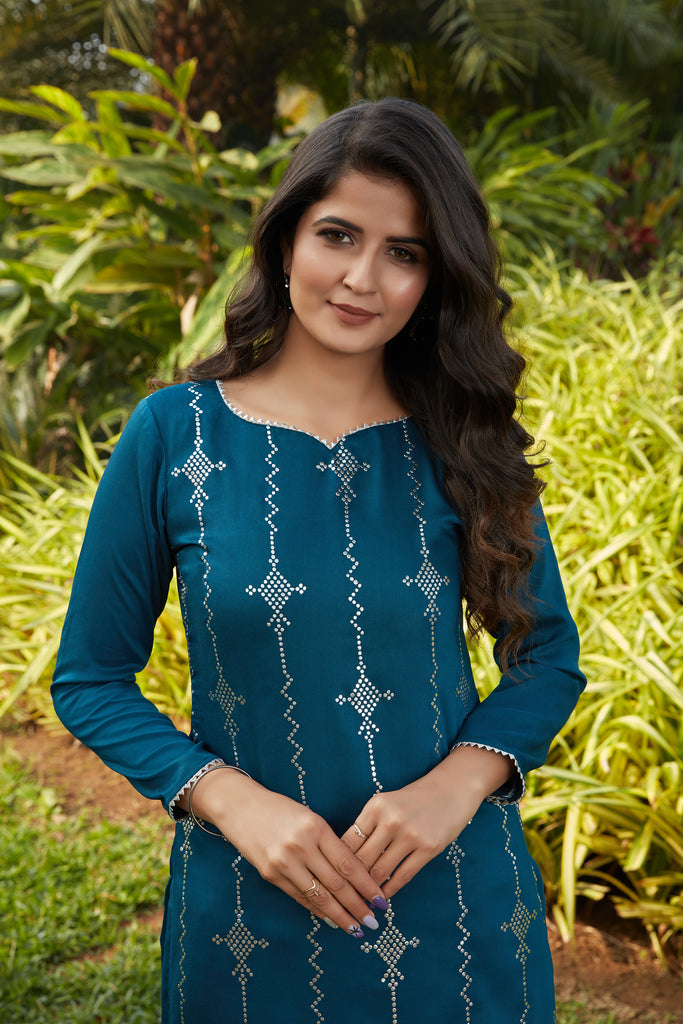 Bottle Green Kundan Button Down Kurti with Straight Pants | Designer saree  blouse patterns, A line kurti, Silk kurti designs