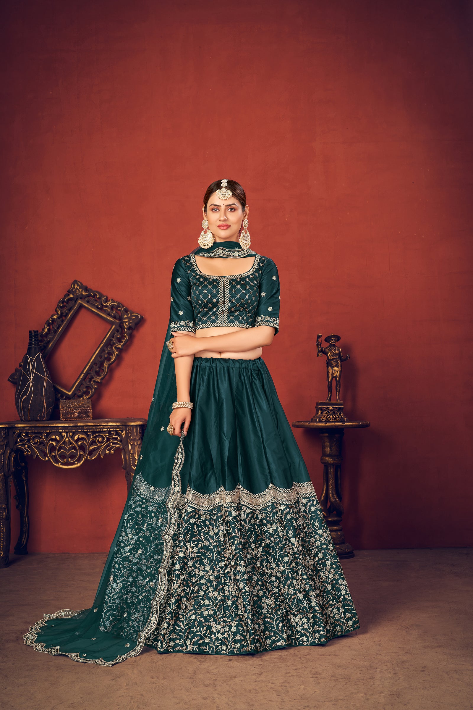 Rama Green With Art Silk Fabric And Heavy Thread With Sequince Embroidered Work And Including Heavy Can-Can And Canvas Lehenga Choli ClothsVilla
