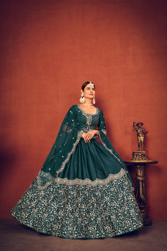 Rama Green With Art Silk Fabric And Heavy Thread With Sequince Embroidered Work And Including Heavy Can-Can And Canvas Lehenga Choli ClothsVilla