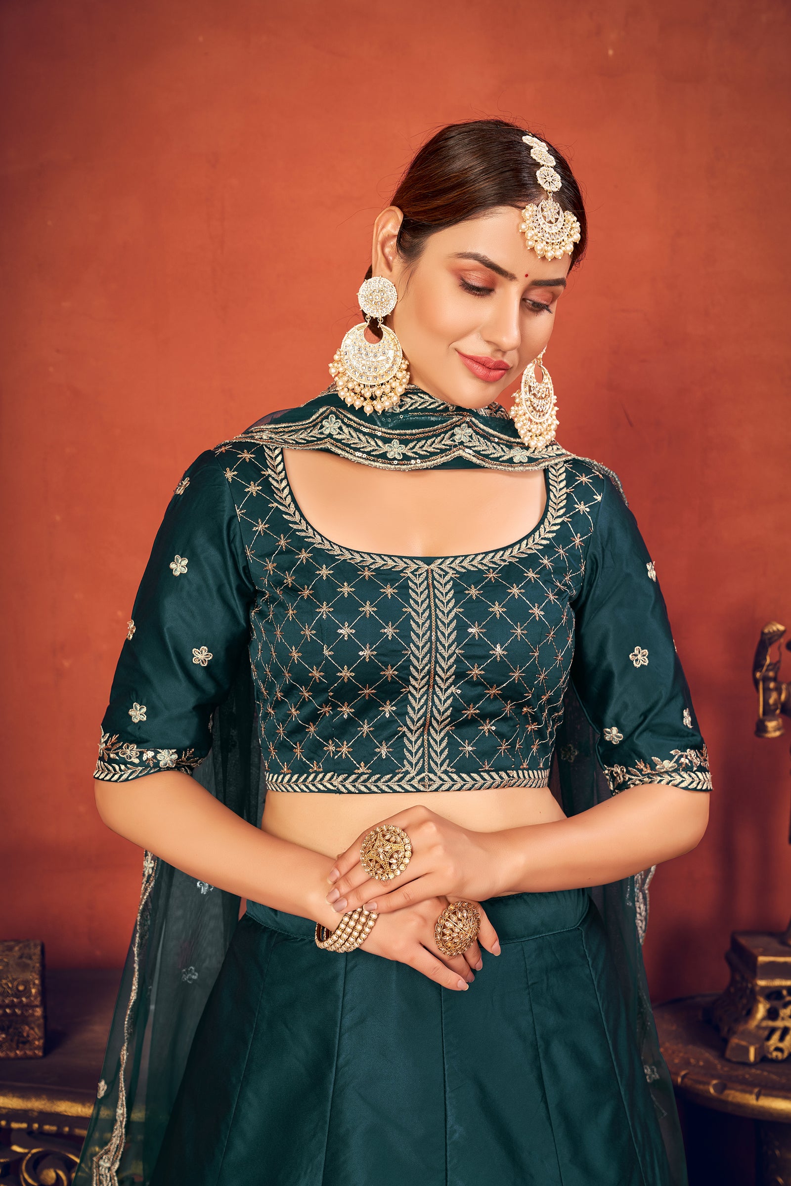 Rama Green With Art Silk Fabric And Heavy Thread With Sequince Embroidered Work And Including Heavy Can-Can And Canvas Lehenga Choli ClothsVilla
