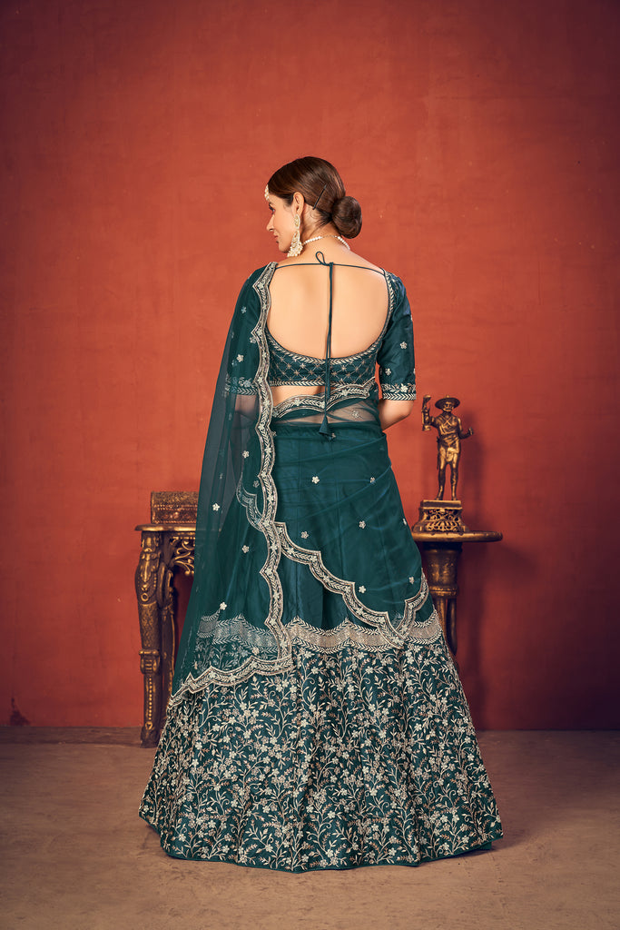 Rama Green With Art Silk Fabric And Heavy Thread With Sequince Embroidered Work And Including Heavy Can-Can And Canvas Lehenga Choli ClothsVilla