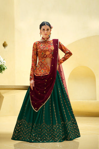 Rama Green Chinon Silk Sequins Embroidered Lehenga Choli ClothsVilla.com