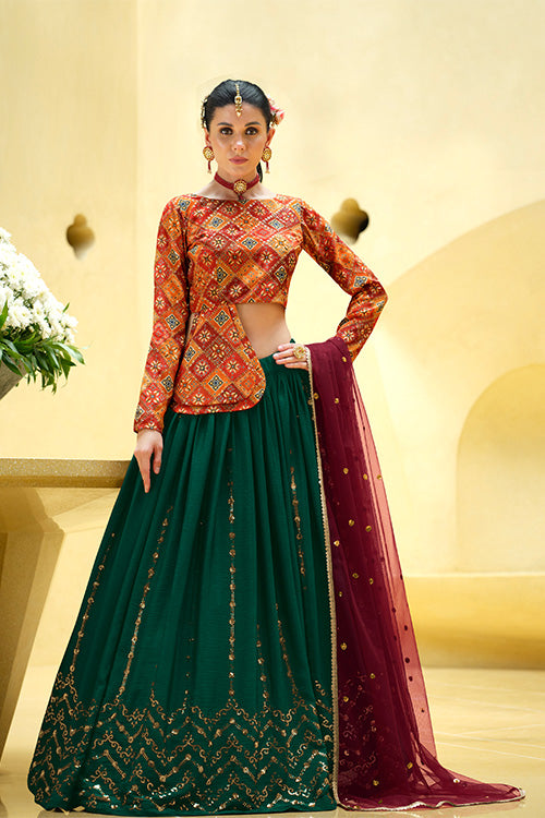 Rama Green Chinon Silk Sequins Embroidered Lehenga Choli ClothsVilla.com