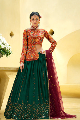Rama Green Chinon Silk Sequins Embroidered Lehenga Choli ClothsVilla.com