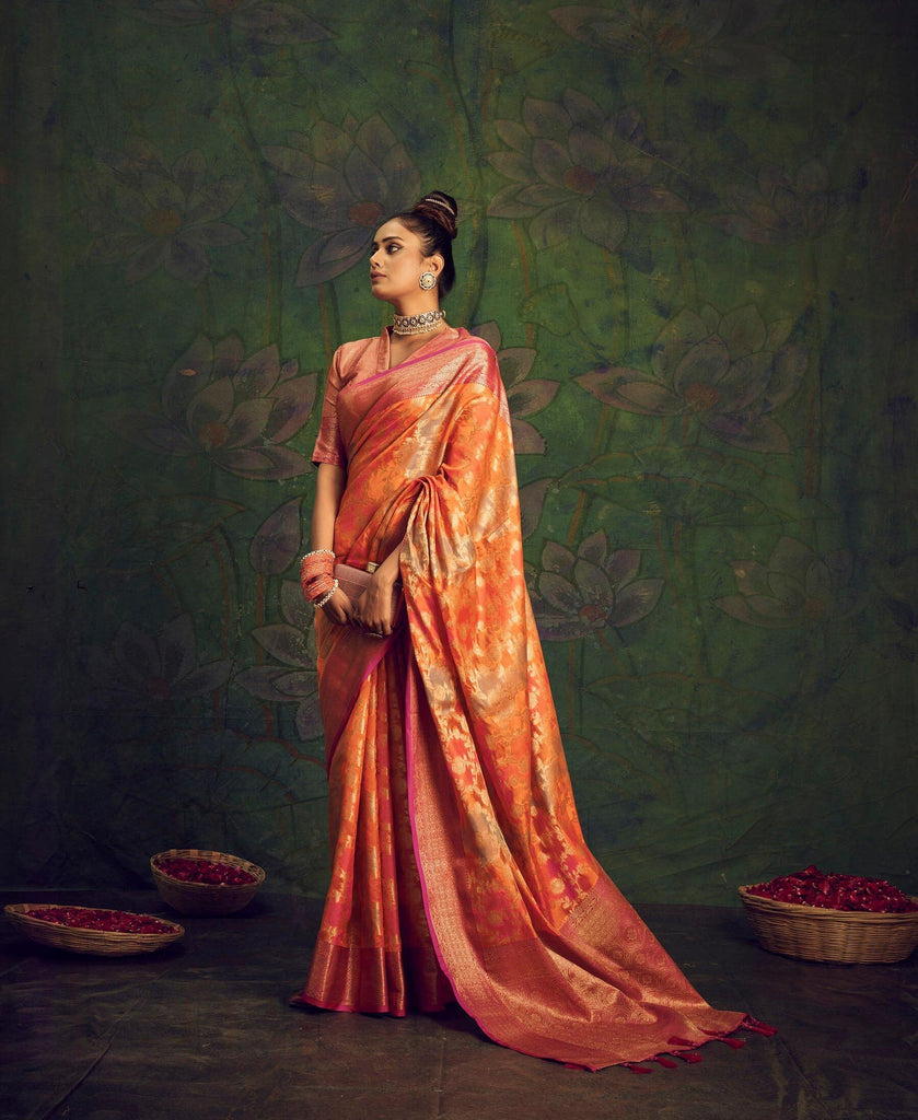 Rangkart Vol. 2 Jaal Organza Contrast Woven Saree Orange Clothsvilla