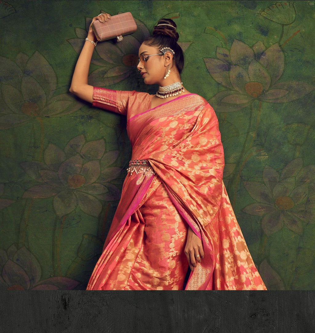 Rangkart Vol. 2 Jaal Organza Contrast Woven Saree Dark Peach Clothsvilla