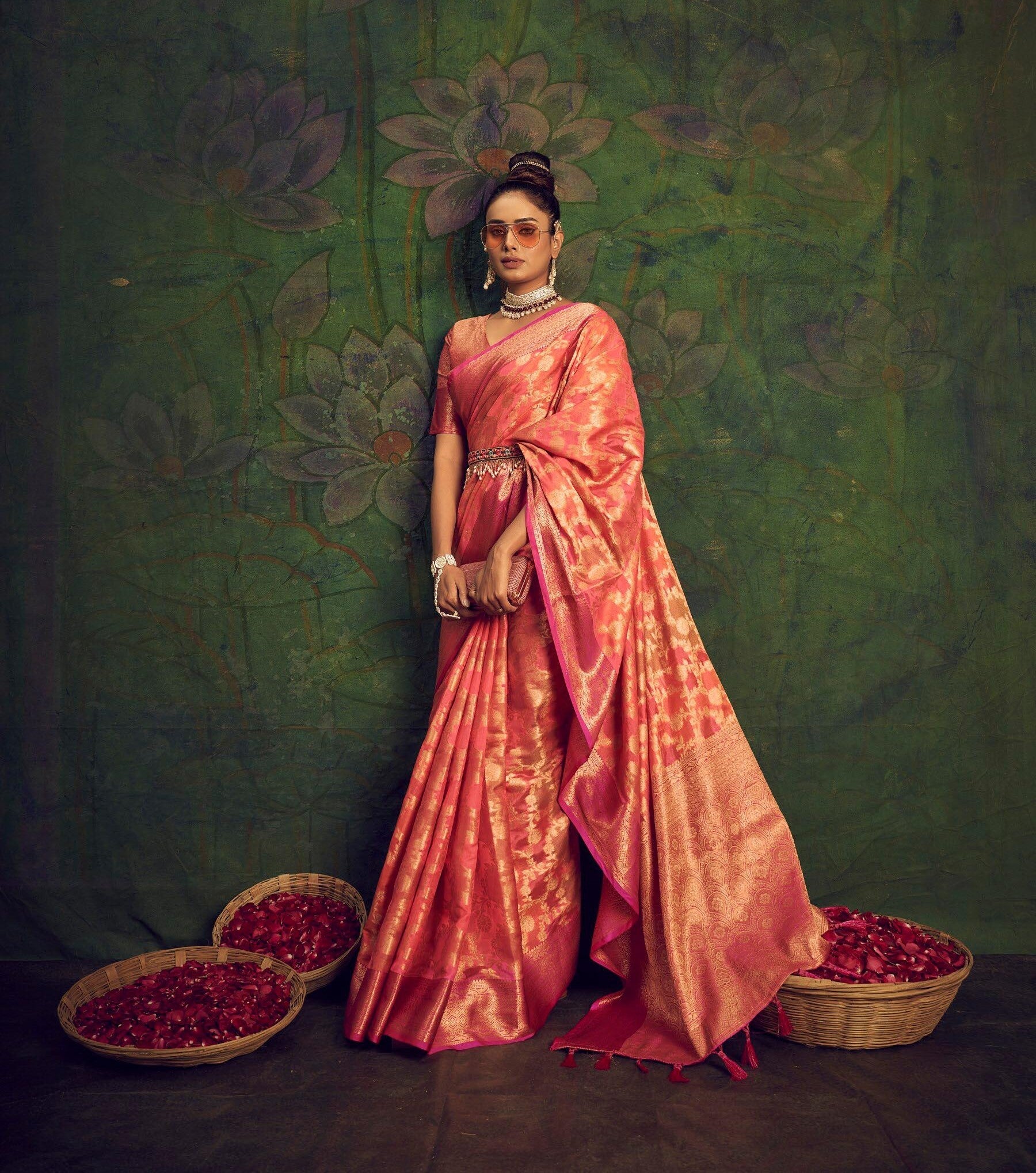 Rangkart Vol. 2 Jaal Organza Contrast Woven Saree Dark Peach Clothsvilla