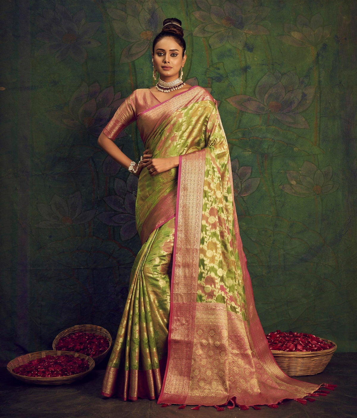 Rangkart Vol. 2 Jaal Organza Contrast Woven Saree Pista Green Clothsvilla Main image