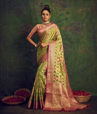 Rangkart Vol. 2 Jaal Organza Contrast Woven Saree Pista Green Clothsvilla