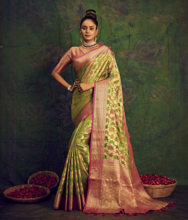 Rangkart Vol. 2 Jaal Organza Contrast Woven Saree Pista Green Clothsvilla