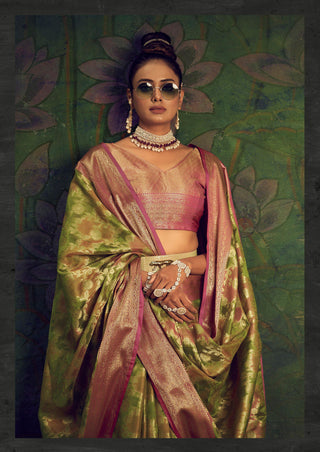 Rangkart Vol. 2 Jaal Organza Contrast Woven Saree Pista Green Clothsvilla