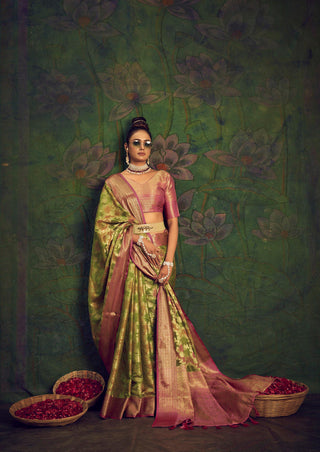Rangkart Vol. 2 Jaal Organza Contrast Woven Saree Pista Green Clothsvilla
