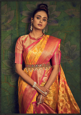 Rangkart Vol. 2 Jaal Organza Contrast Woven Saree Yellow Gold Clothsvilla