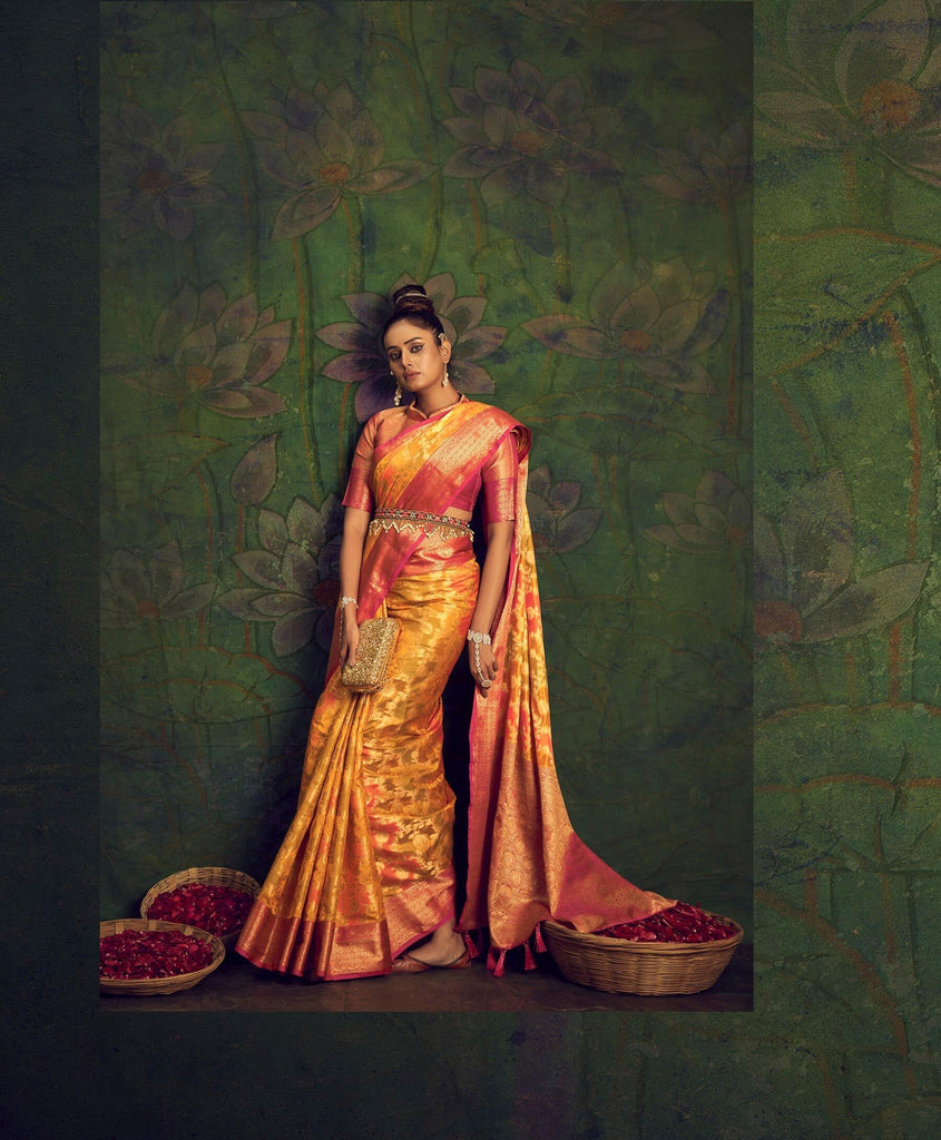 Rangkart Vol. 2 Jaal Organza Contrast Woven Saree Yellow Gold Clothsvilla