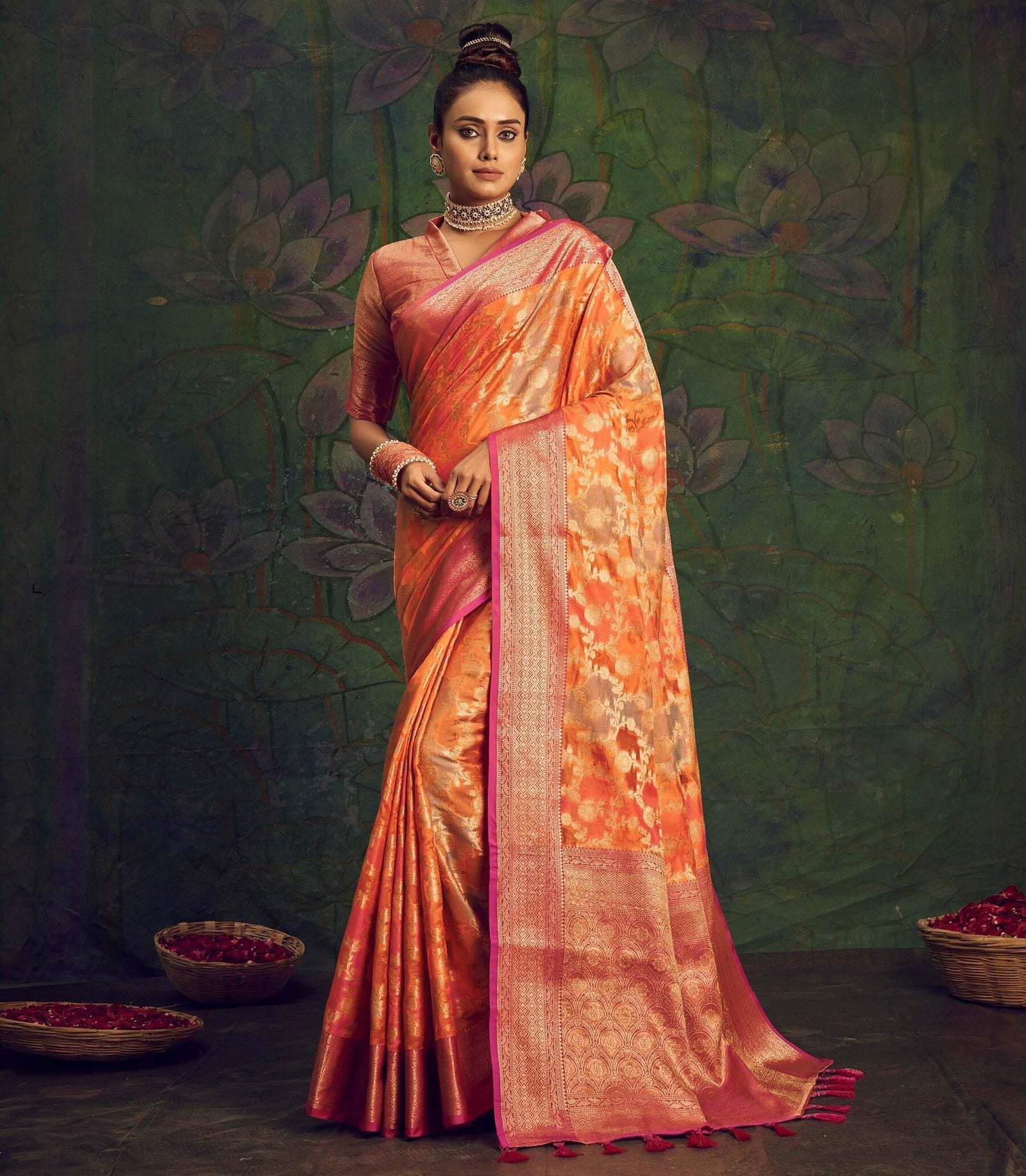 Rangkart Vol. 2 Jaal Organza Contrast Woven Saree Orange Clothsvilla