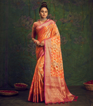 Rangkart Vol. 2 Jaal Organza Contrast Woven Saree Orange Clothsvilla