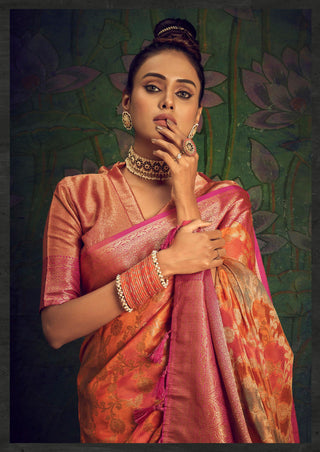 Rangkart Vol. 2 Jaal Organza Contrast Woven Saree Orange Clothsvilla