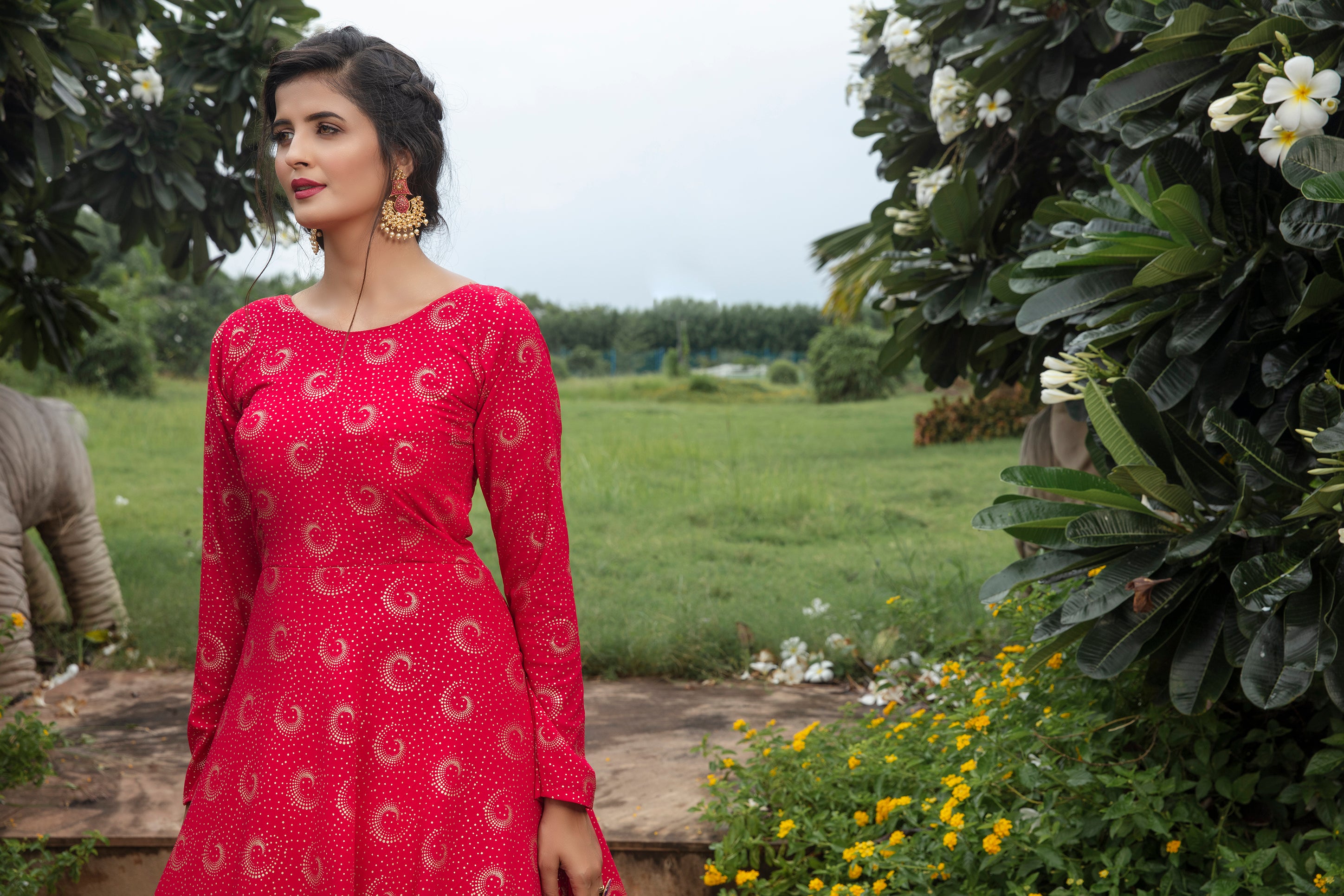 Rani-Pink Foilage Print Georgette Designer Gown Semi Stitched ClothsVilla