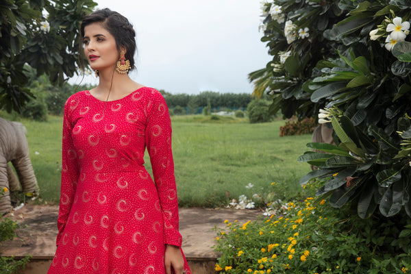 Rani-Pink Foilage Print Georgette Designer Gown Semi Stitched ClothsVilla