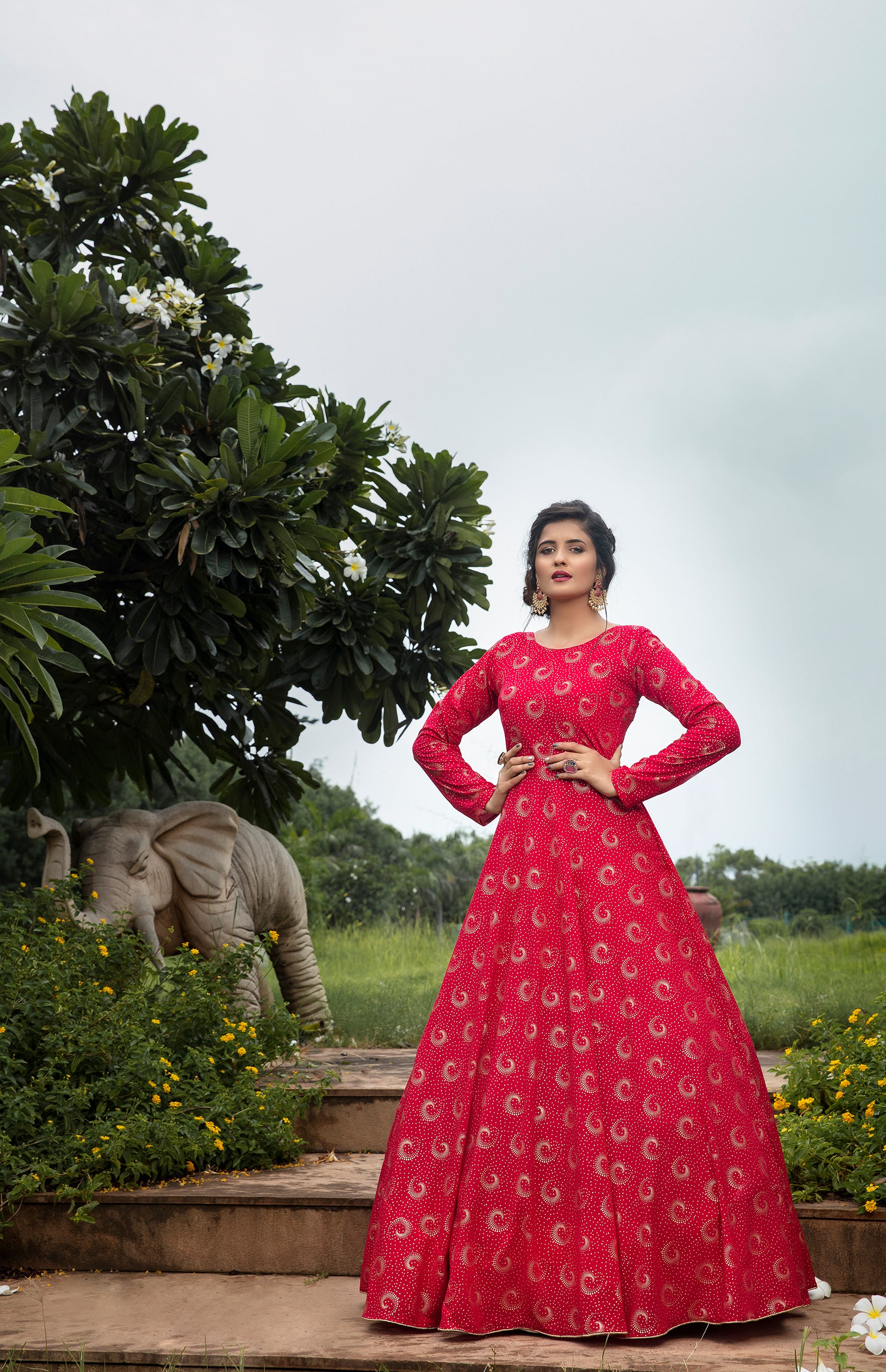 Rani-Pink Foilage Print Georgette Designer Gown Semi Stitched ClothsVilla
