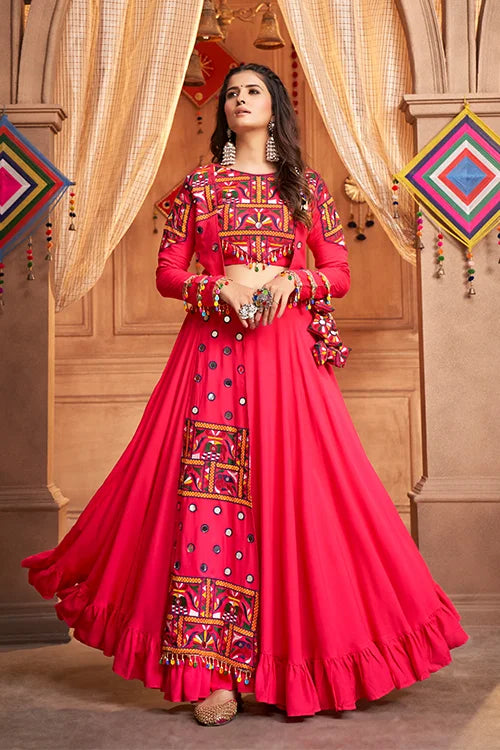 Rani Pink Embroidered Koti Style Chaniya Choli for Indian Festival Navratri ClothsVilla.com