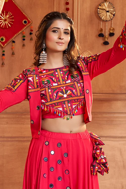 Rani Pink Embroidered Koti Style Chaniya Choli for Indian Festival Navratri ClothsVilla.com