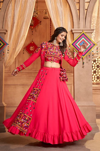 Rani Pink Embroidered Koti Style Chaniya Choli for Indian Festival Navratri ClothsVilla.com