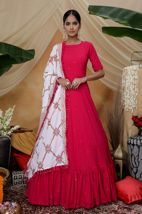 Rani Pink Sequins Work Goergette Festive Wear Long Anarkali Gown ClothsVilla Main image