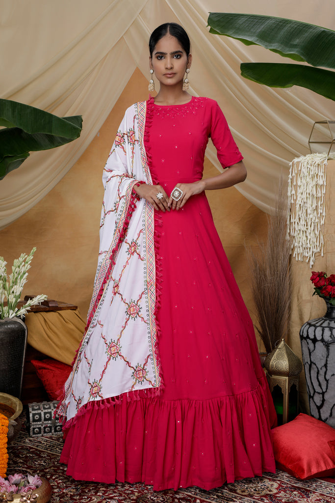 Rani Pink Sequins Work Goergette Festive Wear Long Anarkali Gown ClothsVilla