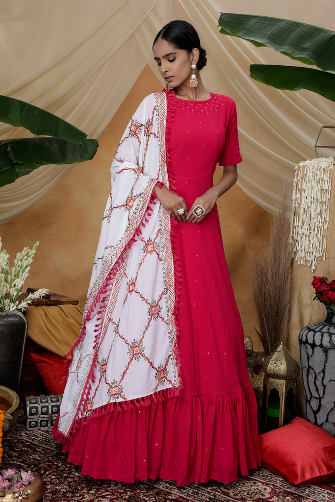 Rani Pink Sequins Work Goergette Festive Wear Long Anarkali Gown ClothsVilla